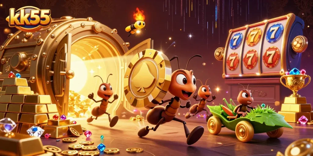 Join the thrilling adventure at kk55 with a heist team and massive poker chip.