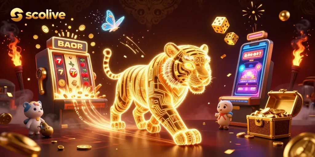 Socolive showcases thrilling gambling action with a glowing tiger in a vibrant casino atmosphere.