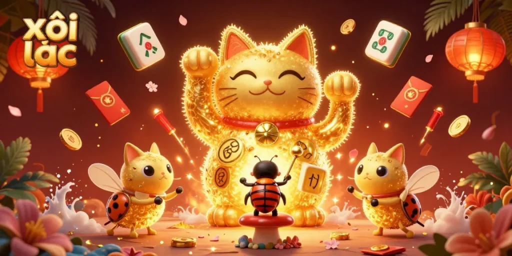 Engage with xôi lạc's vibrant gaming scene featuring a stunning golden cat and casino symbols.