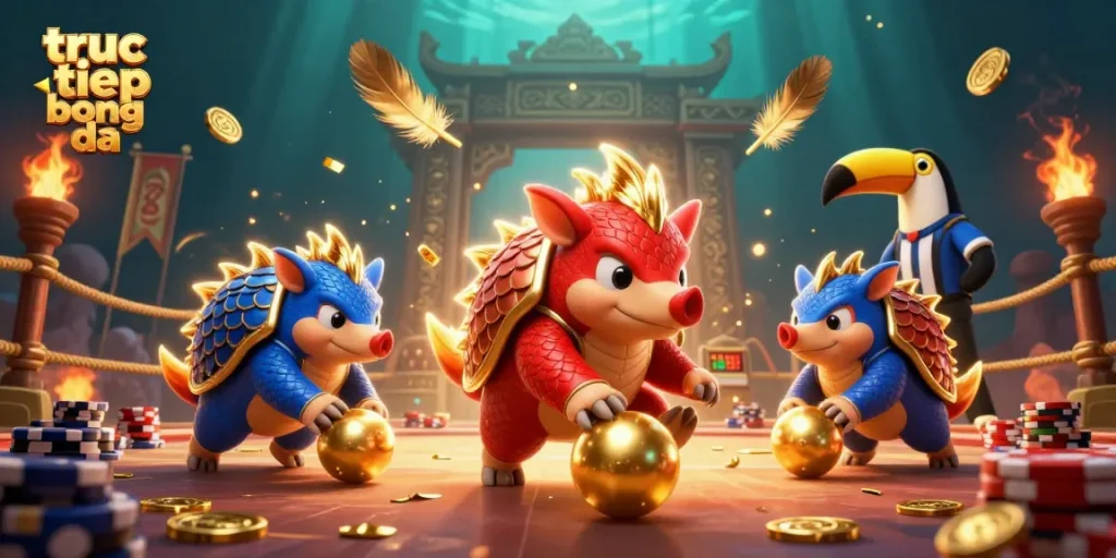 Experience the thrill of truc tiep bong da with cartoon pangolins interacting in a vibrant gambling scene.