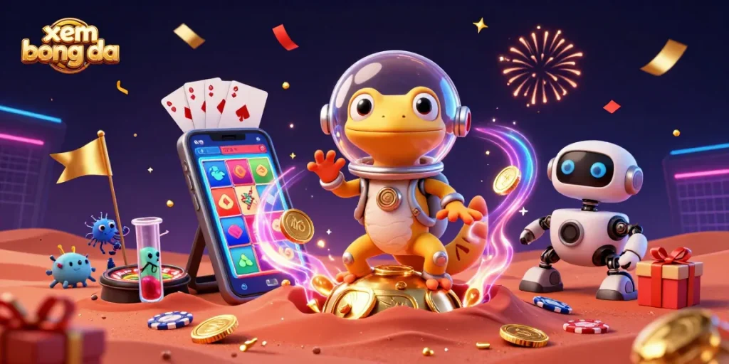 Experience xem bong da excitement with a Martian gecko in a golden casino bursting with gaming action.