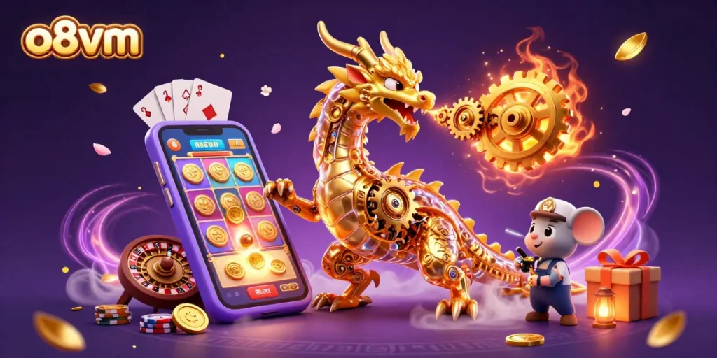 Experience thrilling gameplay with o8vm through a vibrant scene of a dragon and engineer amidst captivating casino elements.