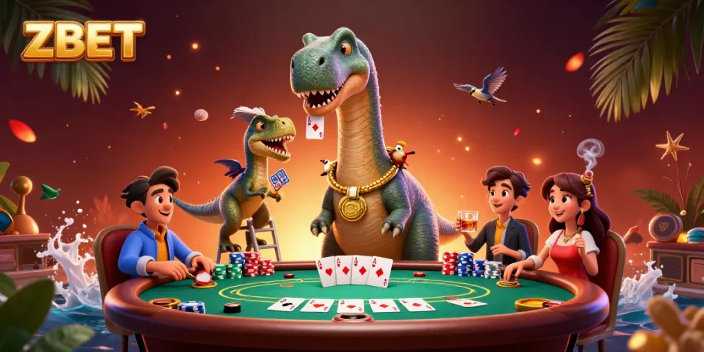 ZBET players enjoy a thrilling poker experience with a towering dinosaur dealer and vibrant chips