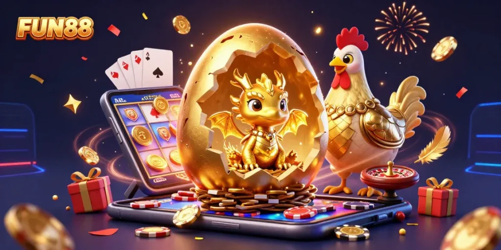 Experience excitement at FUN88 with a golden dragon guarding poker chips and engaging slot games.