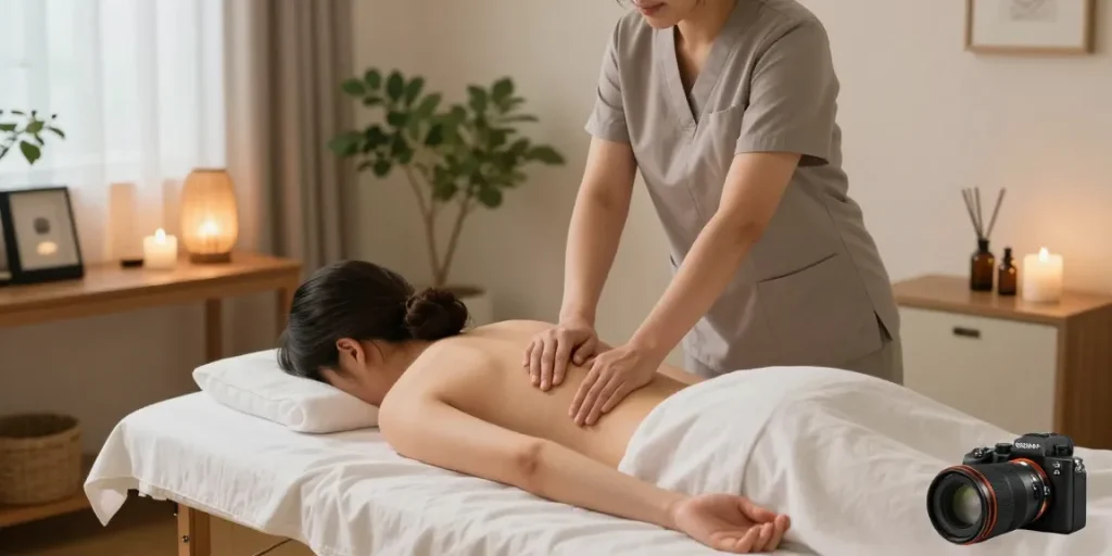 시흥출장마사지 중 고객이 편안하게 마사지받는 모습과 아늑한 요가실의 조화로운 환경