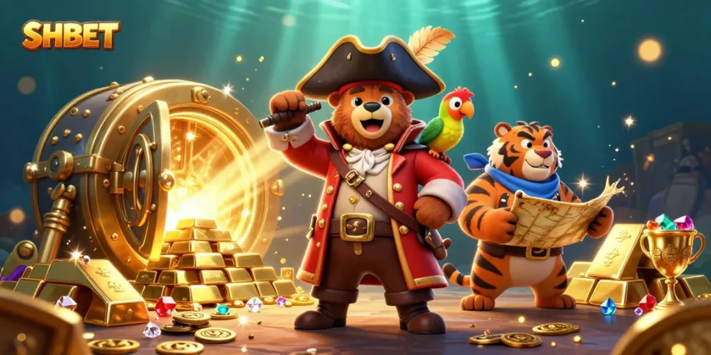 Engage in thrilling adventures of SHBET's casino world with a vibrant 3D pirate scene.