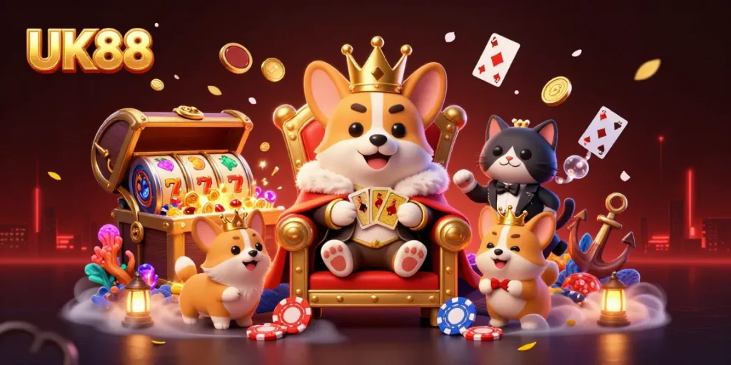 Win big at UK88 with charming casino characters amidst vibrant gaming treasures.