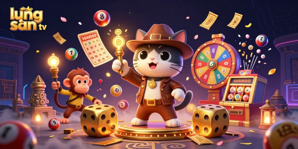 Lương Sơn TV showcases a vibrant scene with a whimsical cat archaeologist uncovering golden treasures, packed with lottery balls and dynamic casino elements.