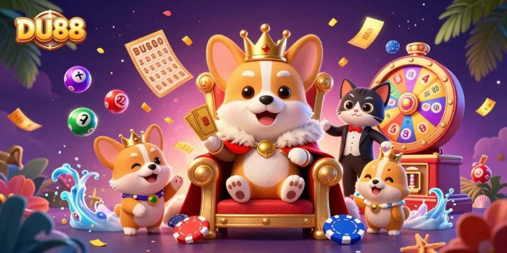 Join the DU88 excitement with a royal corgi on casino throne surrounded by colorful gaming elements.
