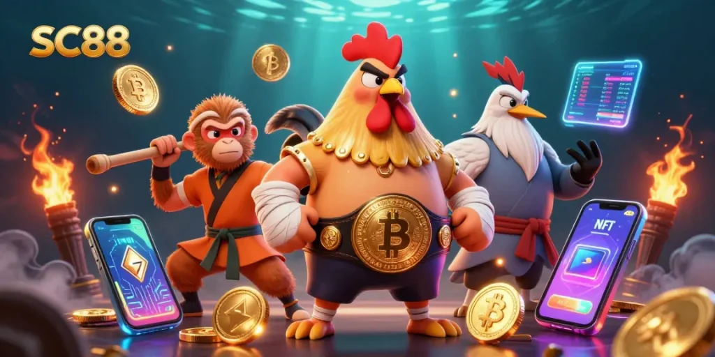 Engage with SC88's thrilling crypto casino scene featuring a Muay Thai rooster and martial artists.