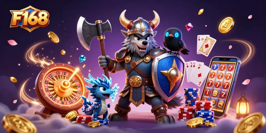 Experience thrilling gameplay with F168’s vibrant 3D illustration featuring epic casino elements.