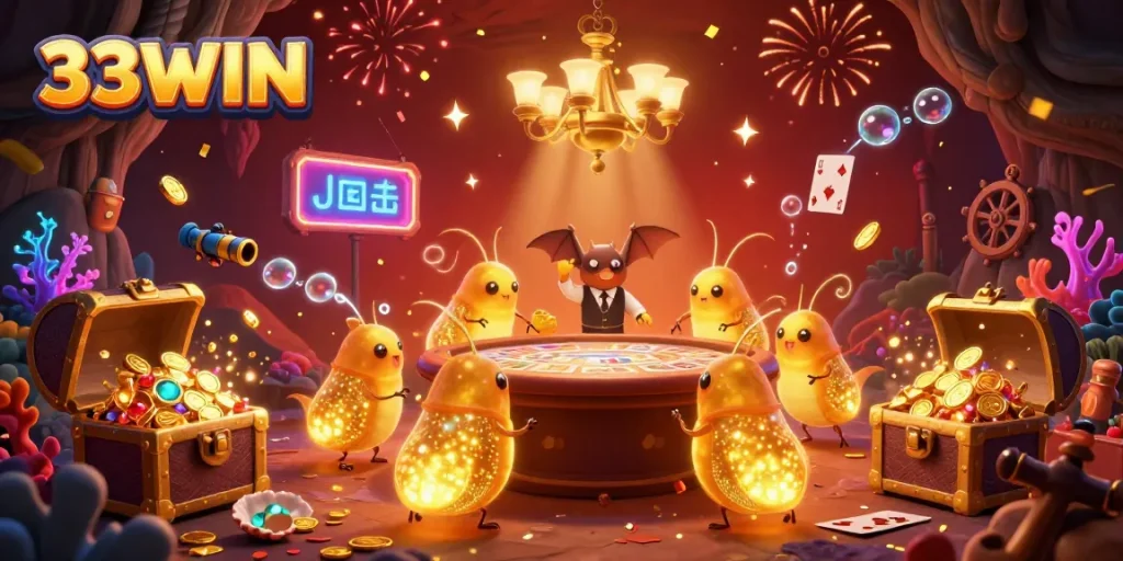 Experience the excitement of gambling with 33WIN as glowworms illuminate a cave casino filled with treasures and festive fun.