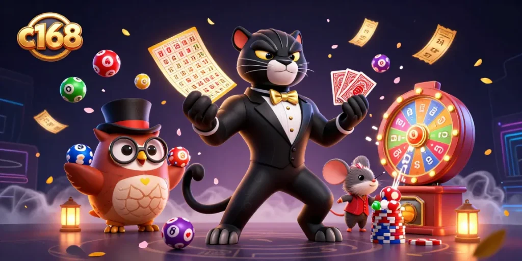 C168 players enjoy an engaging moment with a stylish black panther dealer and vibrant game elements.