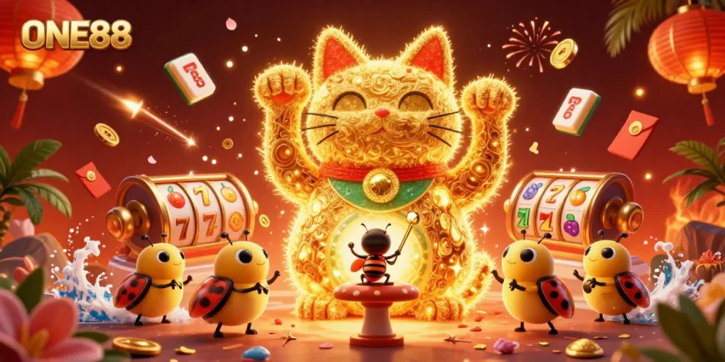 Experience the excitement of ONE88 illustrated with a vibrant lucky cat and casino elements.