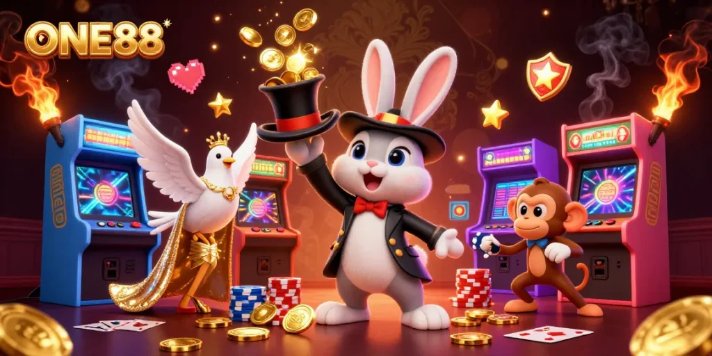 ONE88 brings excitement to life with a magician rabbit, dove, and monkey in a vibrant casino scene.