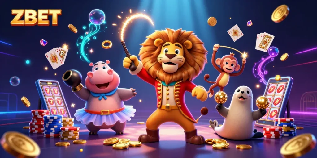 ZBET casino illustration featuring a lion ringmaster, vibrant games, and sparkling coins