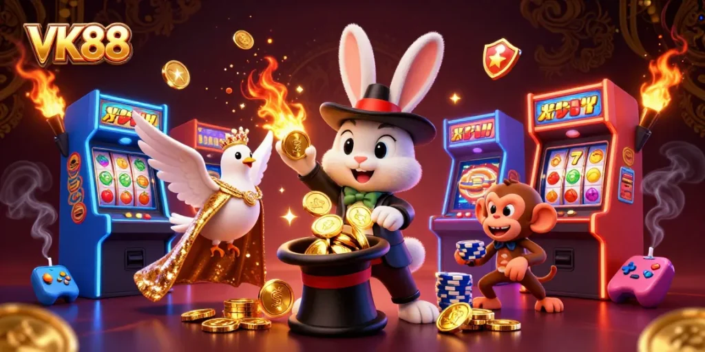Experience the magic of VK88 with a magician rabbit and dazzling casino elements in an exciting scene.