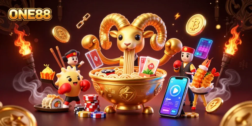 ONE88 promotional illustration featuring a vibrant golden ramen bowl character with cards and chips in a dynamic casino scene.