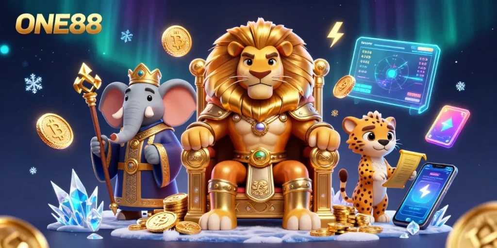 Experience thrilling action at ONE88 with a 3D cartoon lion king on a golden throne surrounded by crypto elements.