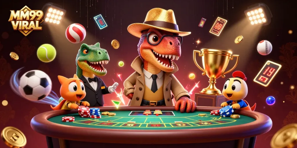 Experience thrilling gameplay at MM99 VIRAL with a cartoon velociraptor and casino elements.