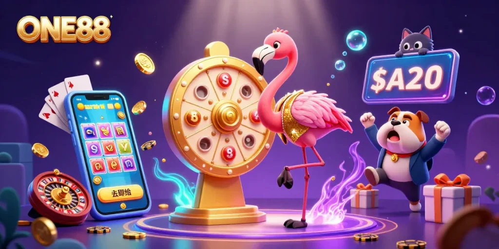 Engage with ONE88's exciting slot games showcased by a host flamingo, bulldog contestant, and prize cat assistant.