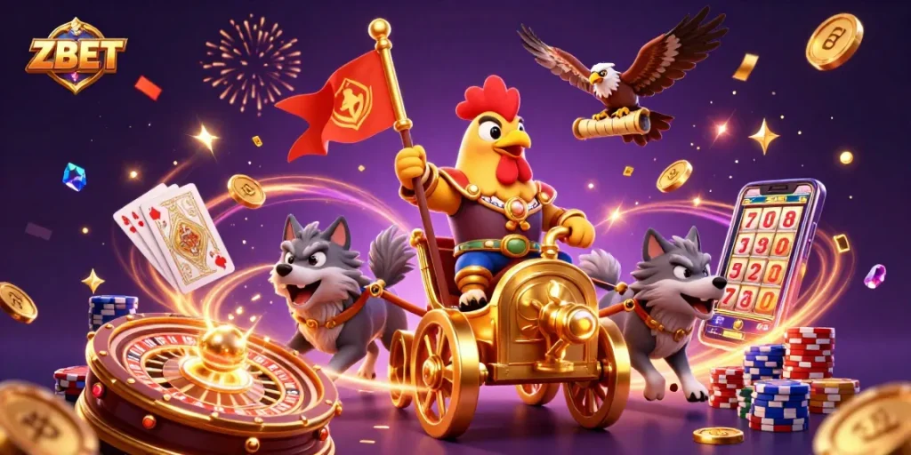 ZBET's vibrant gaming scene with a rooster warlord and golden chariot amidst sparkling casino action