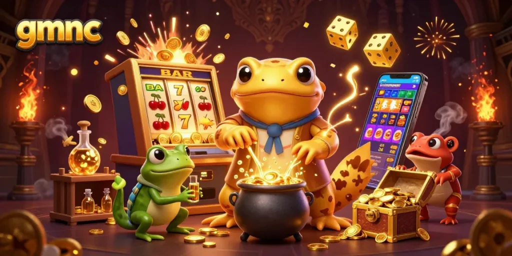 Experience the enchanting gmnc world where alchemy creates golden coins amidst a vibrant casino landscape.