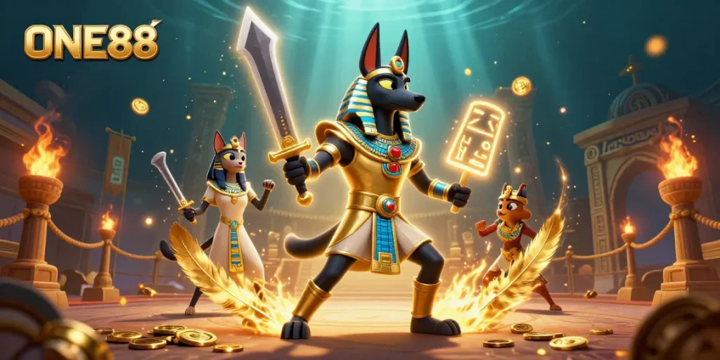 Experience premium gaming with ONE88 featuring ancient Egyptian warriors in a dynamic scene.