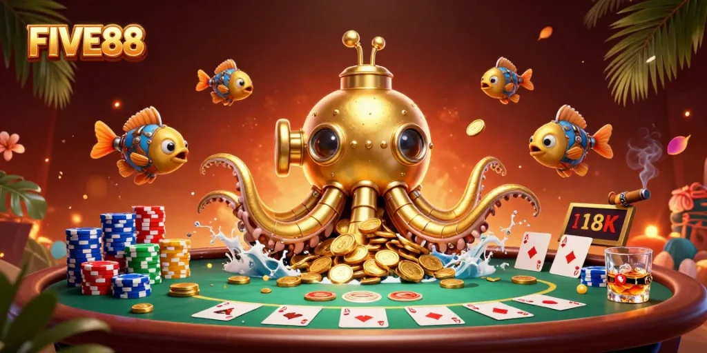 Experience the thrilling world of FIVE88 with a 3D kraken submarine amidst poker excitement.
