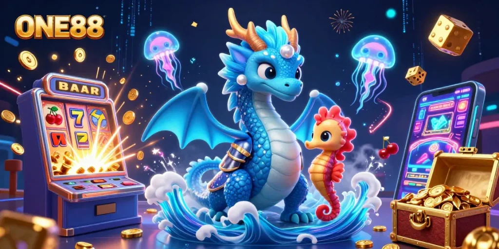 Engage in thrilling gameplay with ONE88’s vibrant casino scene featuring iconic gaming elements.