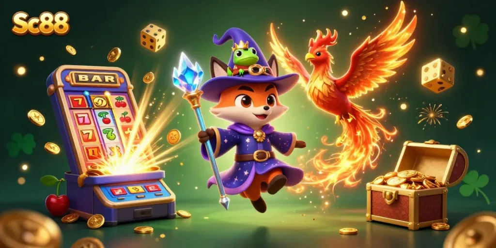 Engage with the colorful Sc88 casino world, featuring a magical wizard fox and exciting slot games.