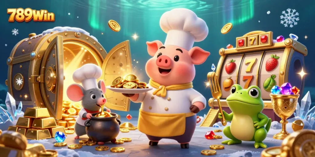 Play slots and win big at 789Win with vibrant casino elements and gold treasures.