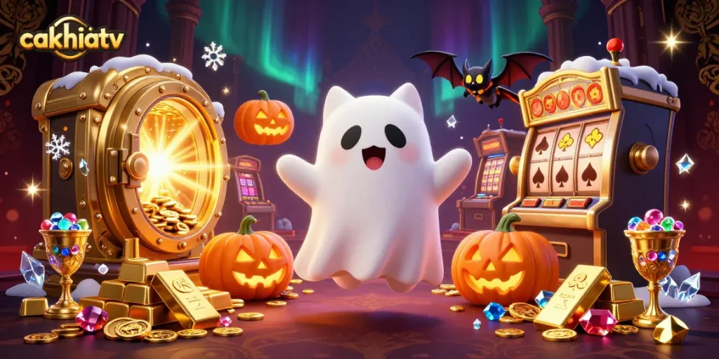 Experience thrilling moments with cakhiatv, where a friendly ghost cat and bat guide you through a dynamic haunted casino.