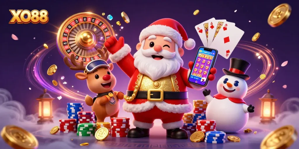 Join XO88 for exciting slots action with Santa, reindeer, and a poker chip snowman!