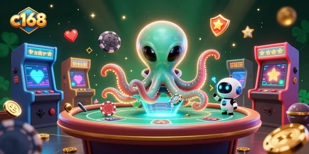 Join the fun at c168 with a captivating holographic poker scene featuring an alien octopus and its robot friend.